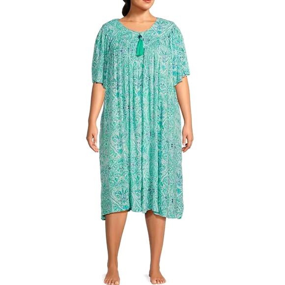 Go Softly Crinkle Rayon Zip Patio Dress | Plus 3x, Teal Tile Mumu Caftan NEW - Picture 3 of 6